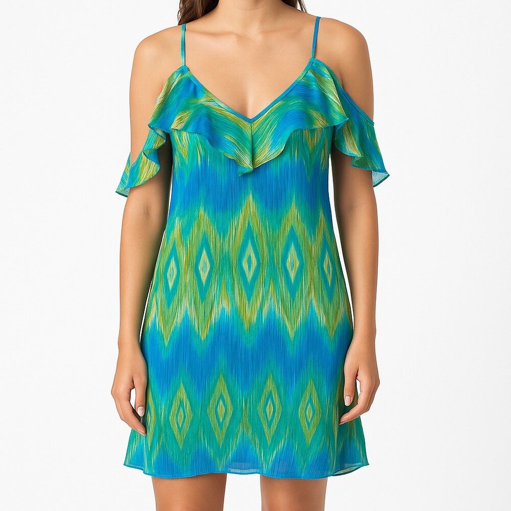 Dress Club Women’s Hi-Lo Cold Shoulder Dress Multicolor Ruffle Size L